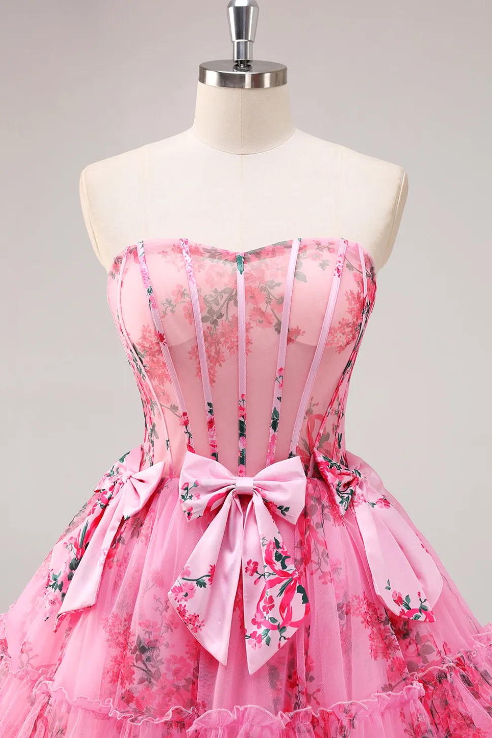 Vestidos Cocktail Floral Fúcsia Curto/Mini Linha-A Alças Finas Arco