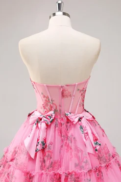 Vestidos Cocktail Floral Fúcsia Curto/Mini Linha-A Alças Finas Arco