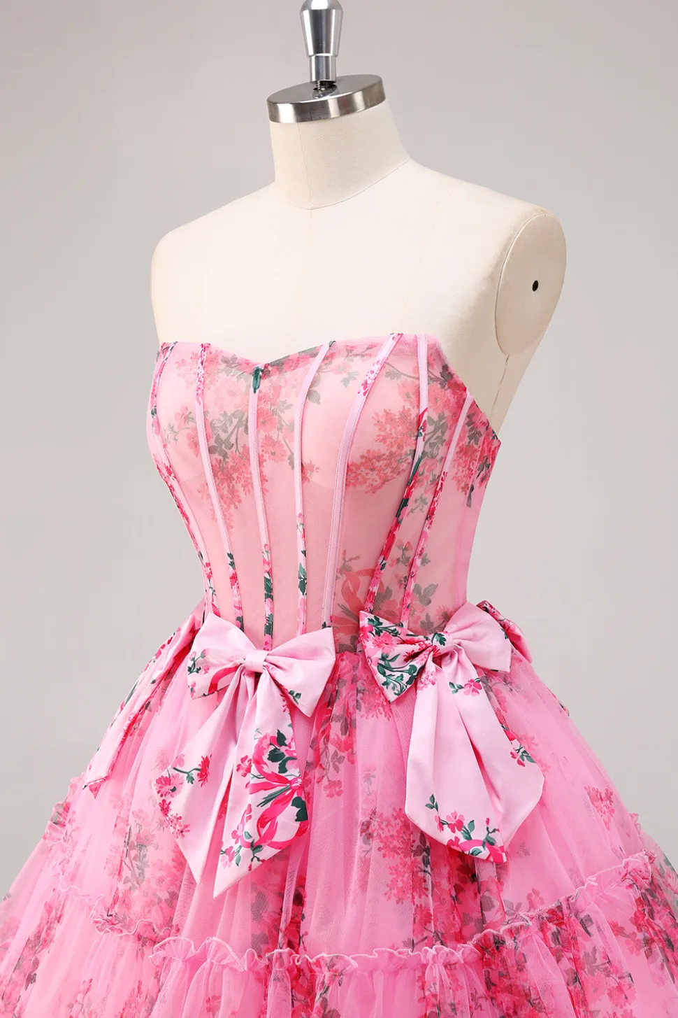 Vestidos Cocktail Floral Fúcsia Curto/Mini Linha-A Alças Finas Arco