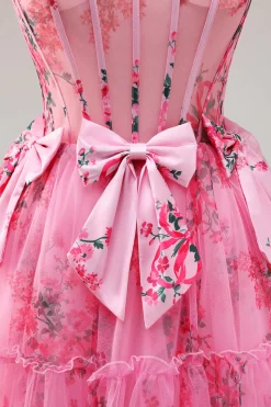 Vestidos Cocktail Floral Fúcsia Curto/Mini Linha-A Alças Finas Arco
