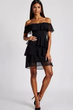 Vestidos Cocktail Preto Fora do Ombro Curto Chiffon