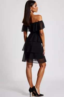 Vestidos Cocktail Preto Fora do Ombro Curto Chiffon