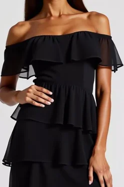 Vestidos Cocktail Preto Fora do Ombro Curto Chiffon
