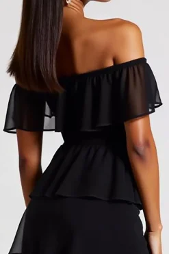 Vestidos Cocktail Preto Fora do Ombro Curto Chiffon