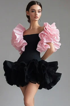 Vestidos Cocktail Preto Rosa Linha-A Curto/Mini Babados Mangas Curtas