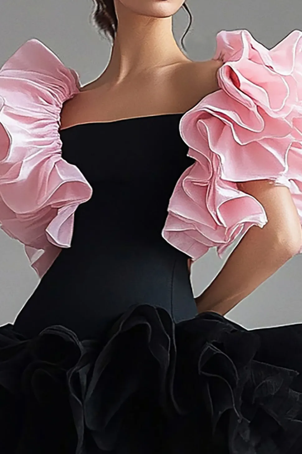 Vestidos Cocktail Preto Rosa Linha-A Curto/Mini Babados Mangas Curtas