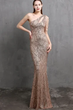 Vestidos de baile de sequin de sereia de ouro um ombro