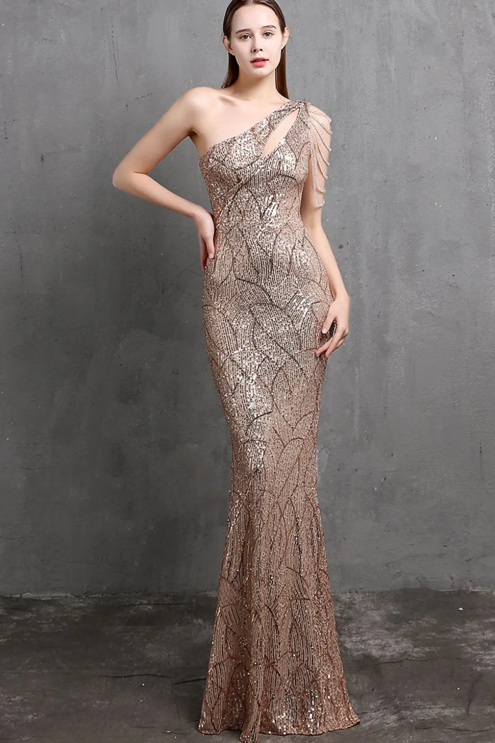 Vestidos de baile de sequin de sereia de ouro um ombro