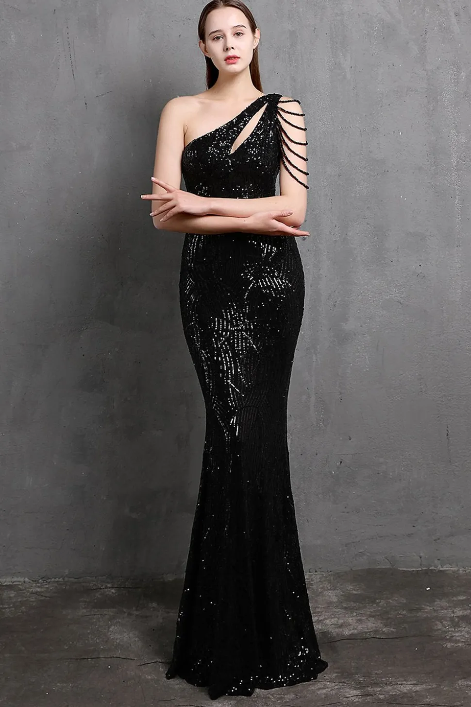 Vestidos de baile de sequin de sereia de ouro um ombro