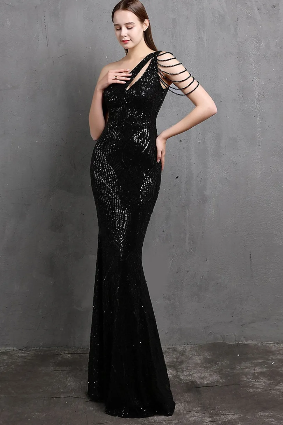 Vestidos de baile de sequin de sereia de ouro um ombro