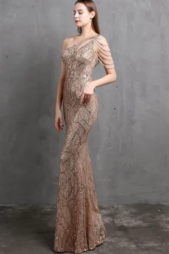 Vestidos de baile de sequin de sereia de ouro um ombro
