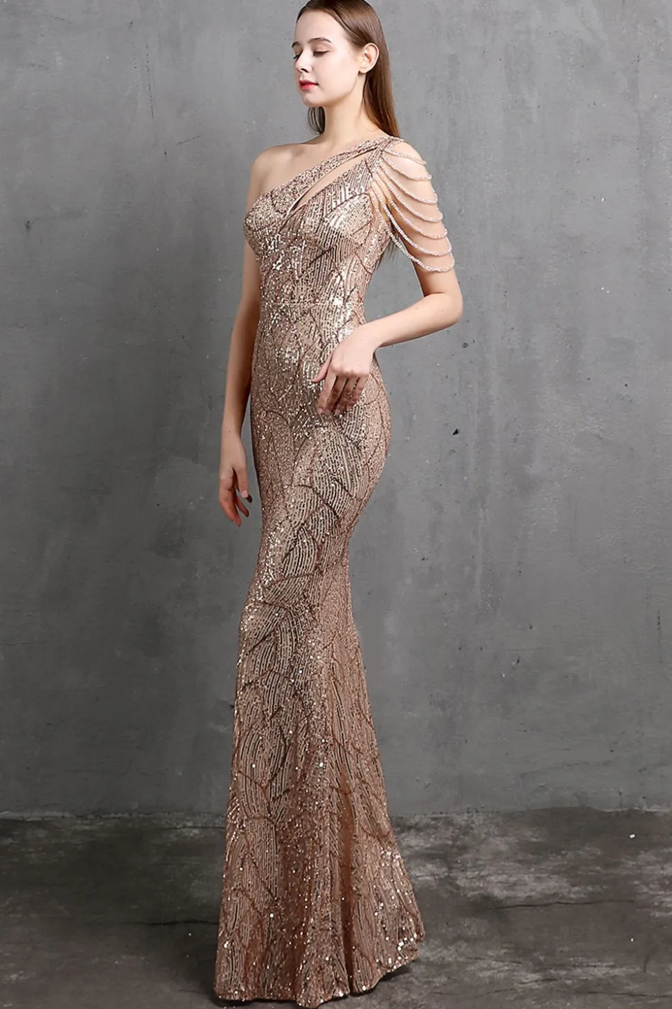 Vestidos de baile de sequin de sereia de ouro um ombro