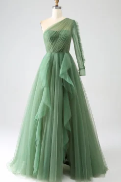 Vestidos de baile longos de um ombro verde escuro com mangas compridas