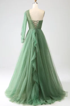 Vestidos de baile longos de um ombro verde escuro com mangas compridas
