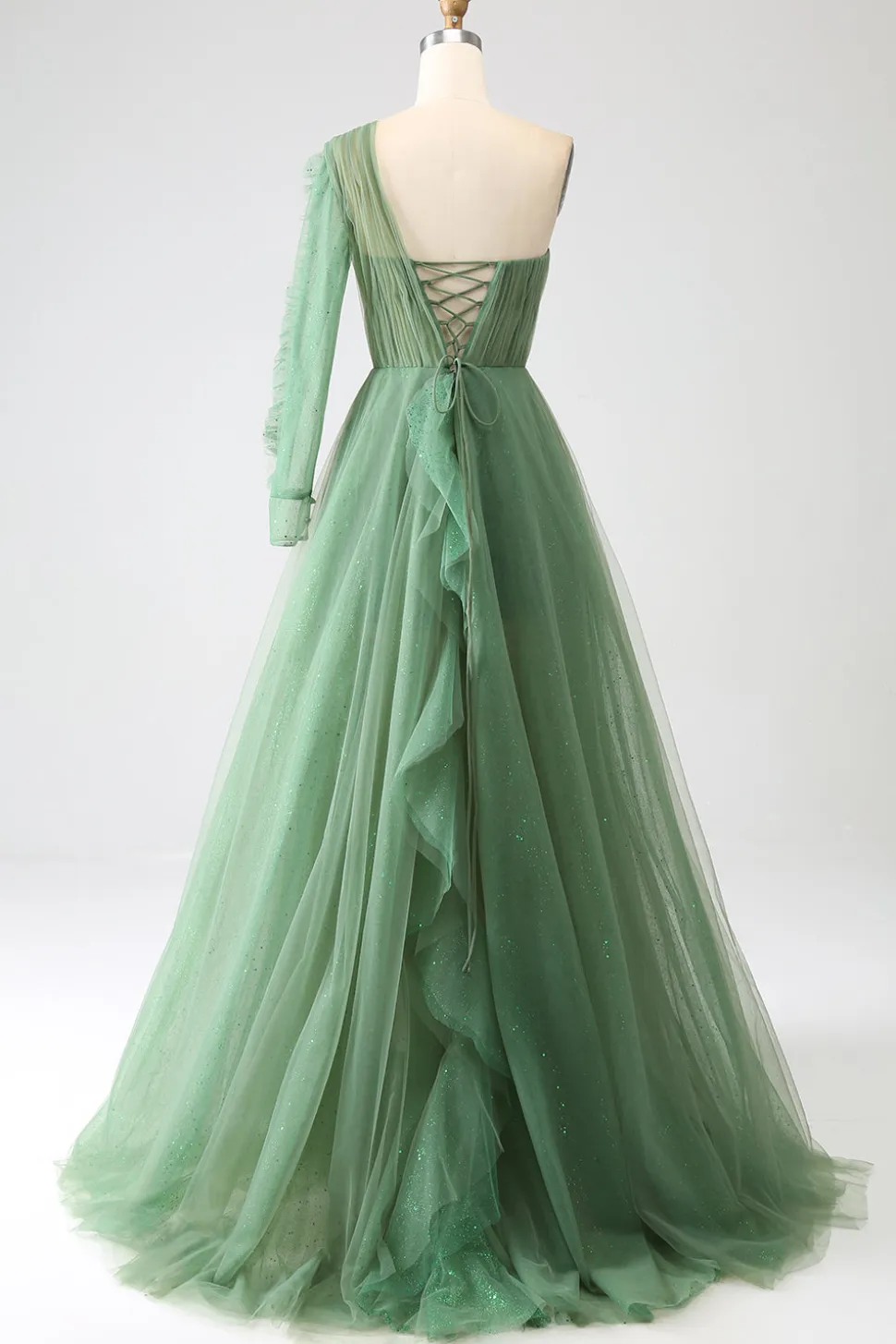 Vestidos de baile longos de um ombro verde escuro com mangas compridas