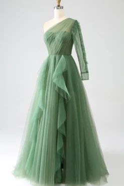 Vestidos de baile longos de um ombro verde escuro com mangas compridas