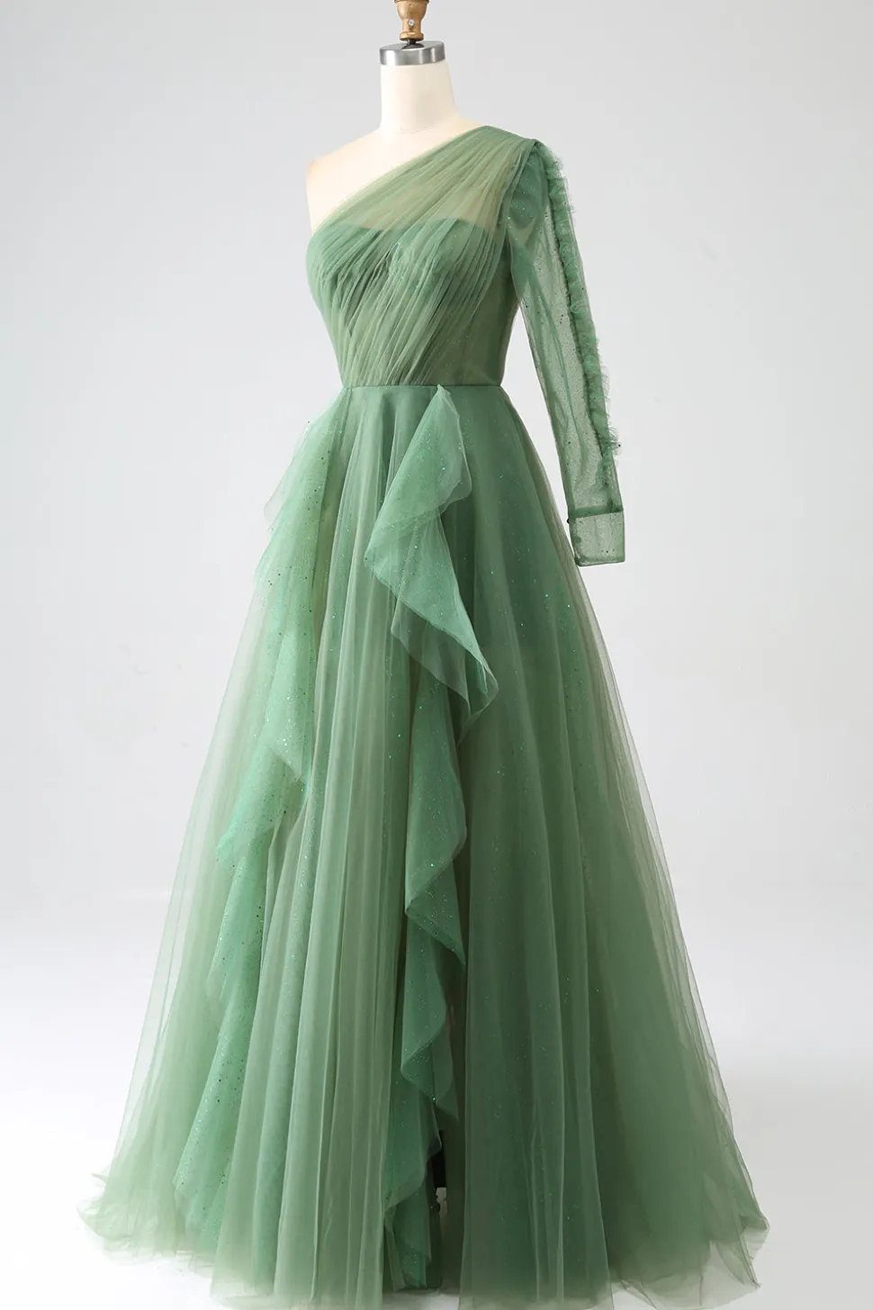 Vestidos de baile longos de um ombro verde escuro com mangas compridas
