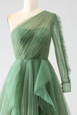 Vestidos de baile longos de um ombro verde escuro com mangas compridas