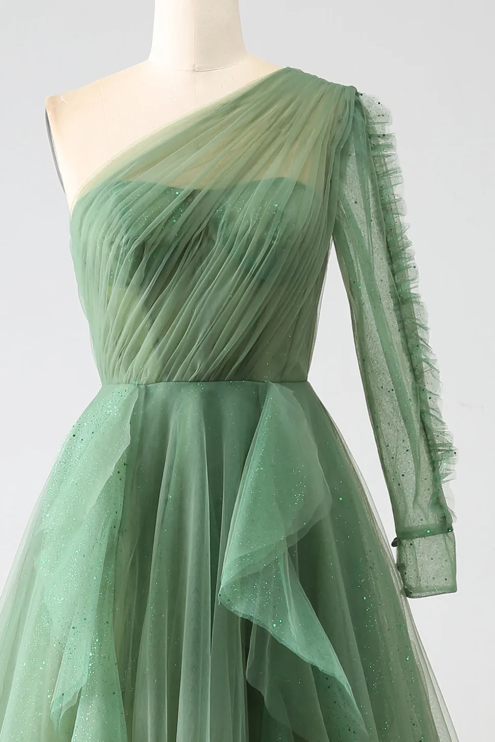 Vestidos de baile longos de um ombro verde escuro com mangas compridas