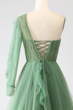Vestidos de baile longos de um ombro verde escuro com mangas compridas