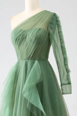 Vestidos de baile longos de um ombro verde escuro com mangas compridas
