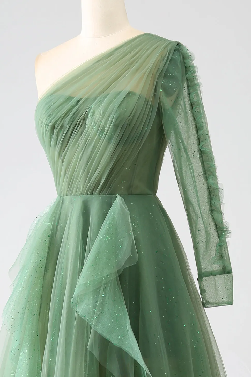 Vestidos de baile longos de um ombro verde escuro com mangas compridas