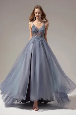 Vestidos de Cerimónia Longo de Pescoço em V com Fenda