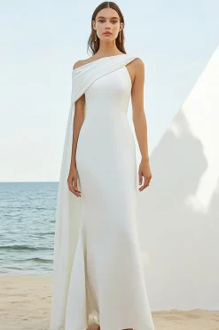 Vestidos de Noiva Bainha Branco Um Ombro Longo
