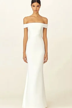 Vestidos de Noiva Branco Fora do Ombro Cetim Longo Bainha