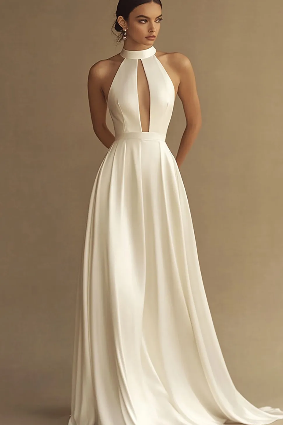 Vestidos de Noiva Branco Linha-A Pescoço Alto Cetim Longo