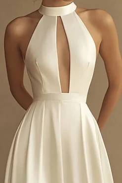 Vestidos de Noiva Branco Linha-A Pescoço Alto Cetim Longo