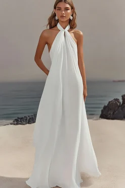 Vestidos de Noiva Branco Cabeçada Chiffon Longo Sem Mangas