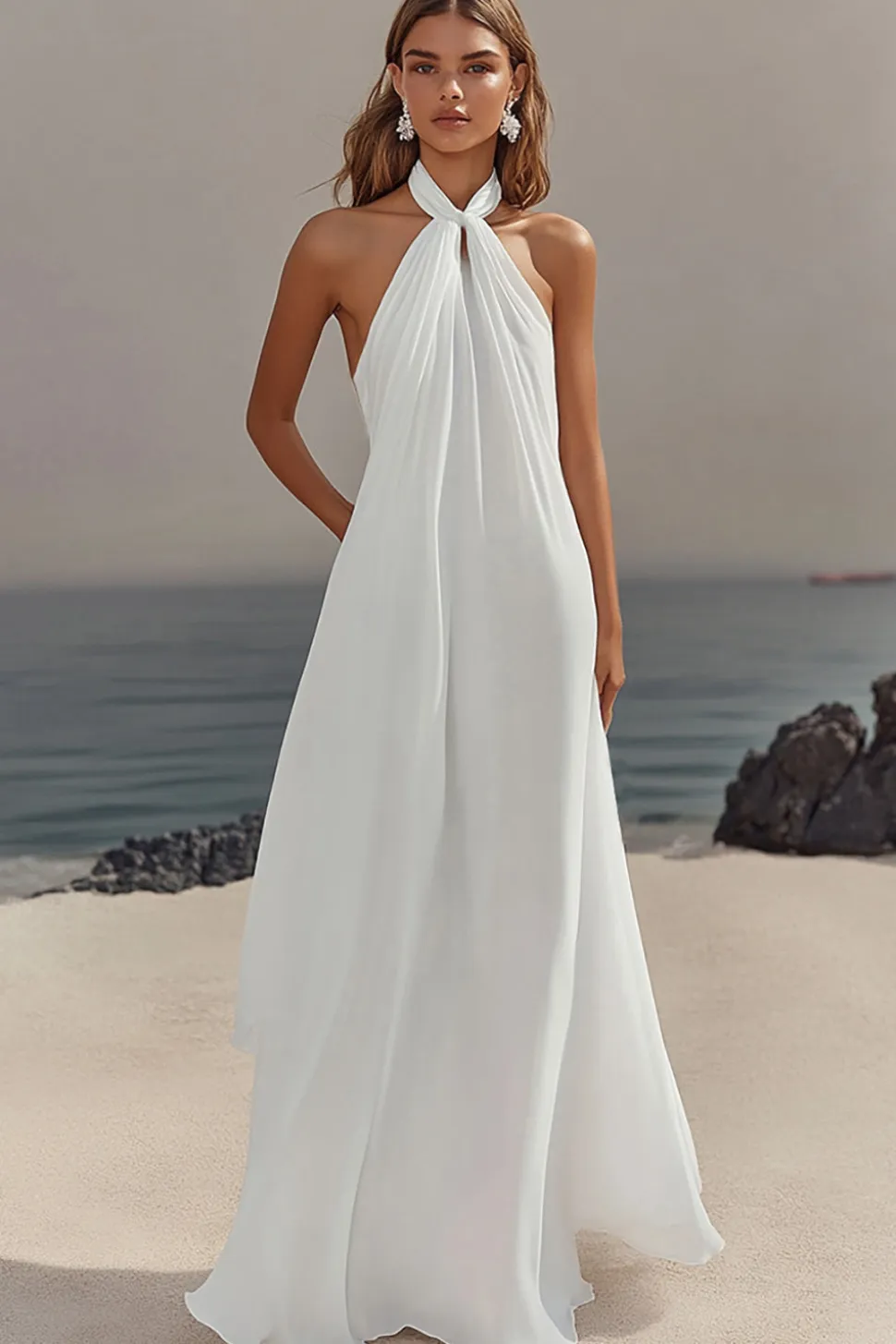 Vestidos de Noiva Branco Cabeçada Chiffon Longo Sem Mangas