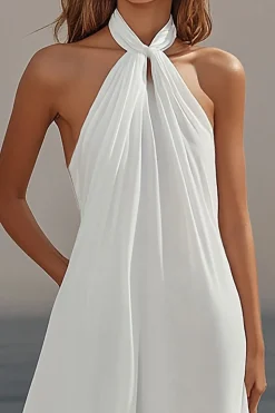 Vestidos de Noiva Branco Cabeçada Chiffon Longo Sem Mangas
