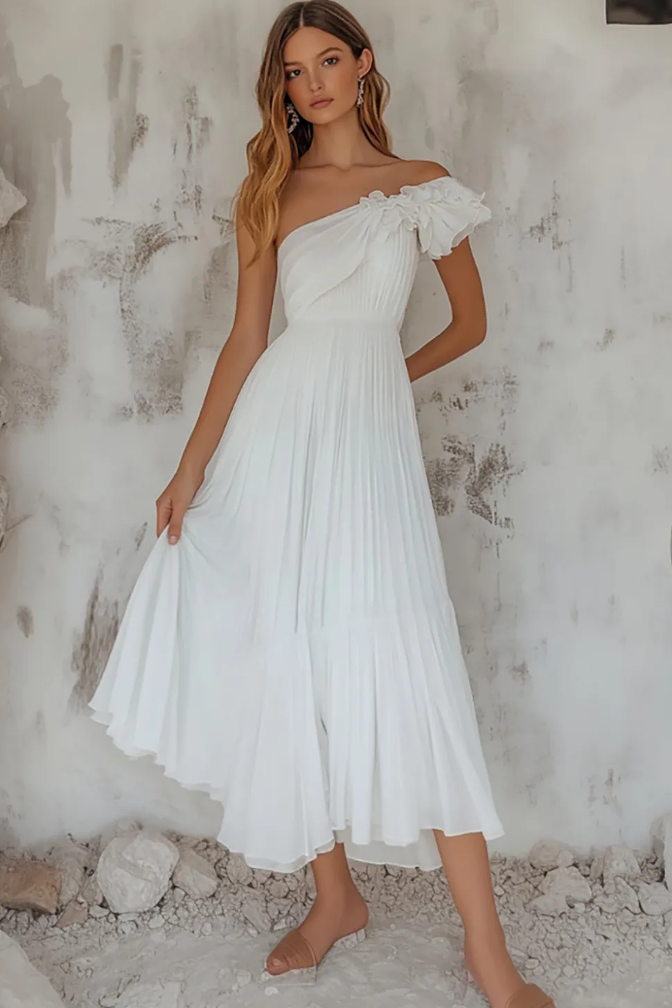 Vestidos de Noiva Branco Um ombro Midi Plissado Linha-A