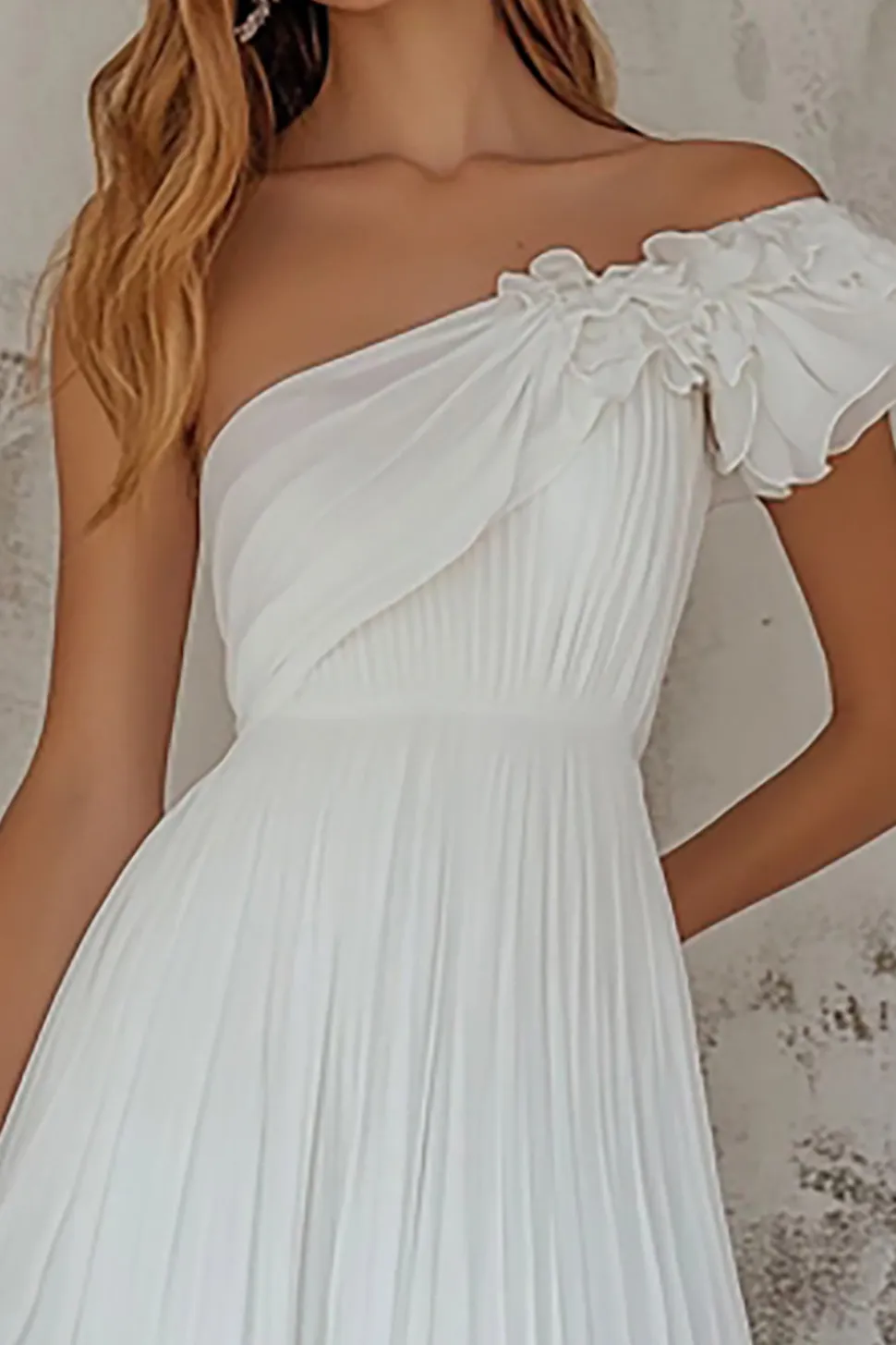 Vestidos de Noiva Branco Um ombro Midi Plissado Linha-A