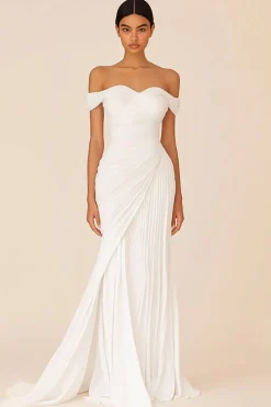 Vestidos de Noiva Branco Bainha Fora do Ombro Longo Ruched