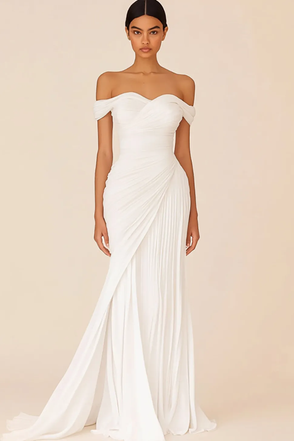 Vestidos de Noiva Branco Bainha Fora do Ombro Longo Ruched