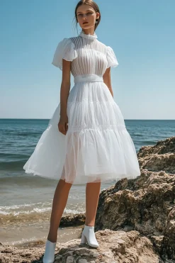 Vestidos de Noiva Branco Organza Mangas Curtas Linha-A