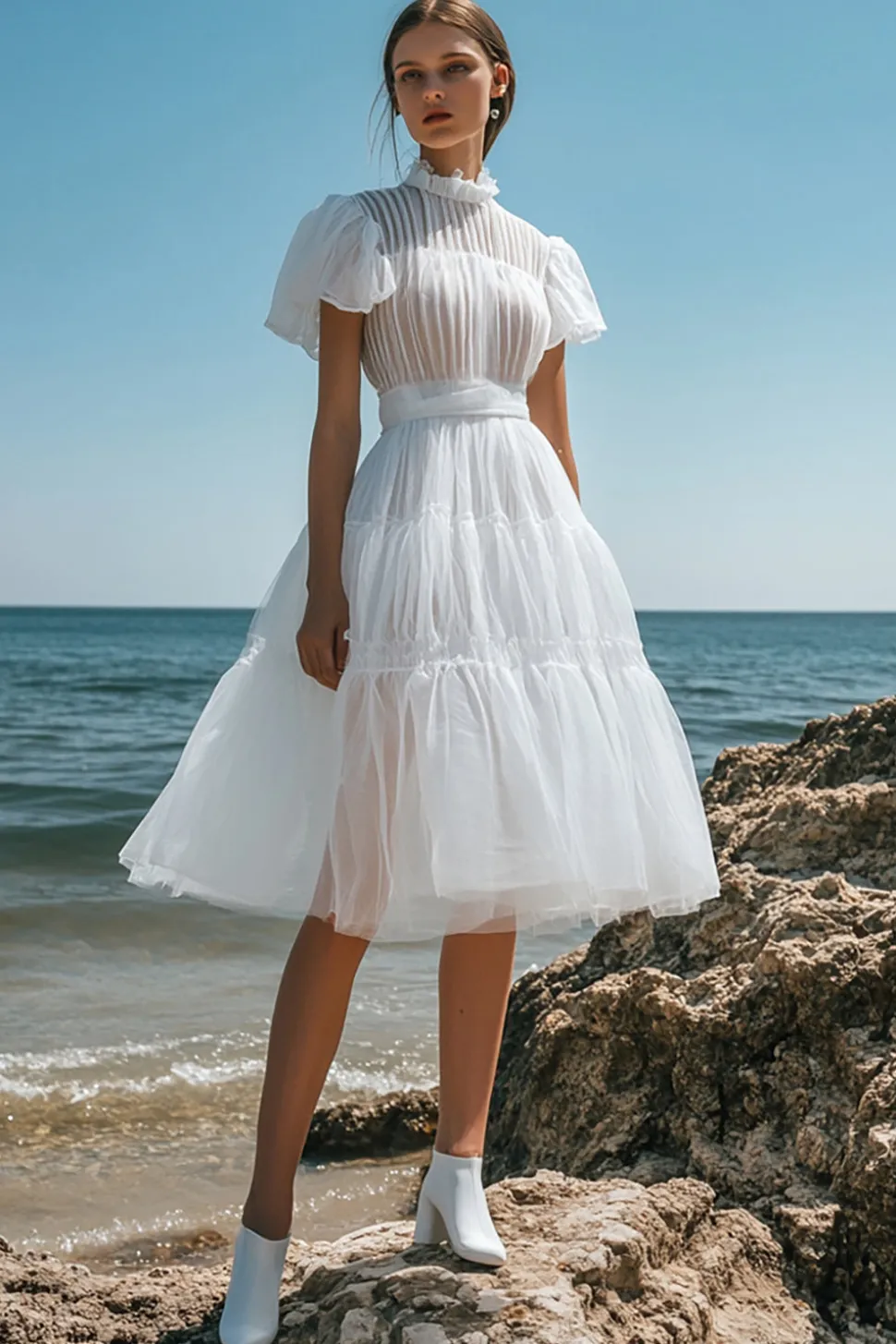 Vestidos de Noiva Branco Organza Mangas Curtas Linha-A