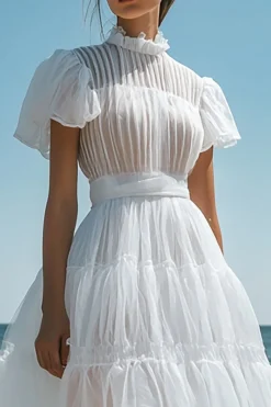 Vestidos de Noiva Branco Organza Mangas Curtas Linha-A