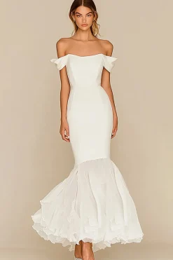 Vestidos de Noiva Branco Fora do Ombro Sereia Cetim Chiffon