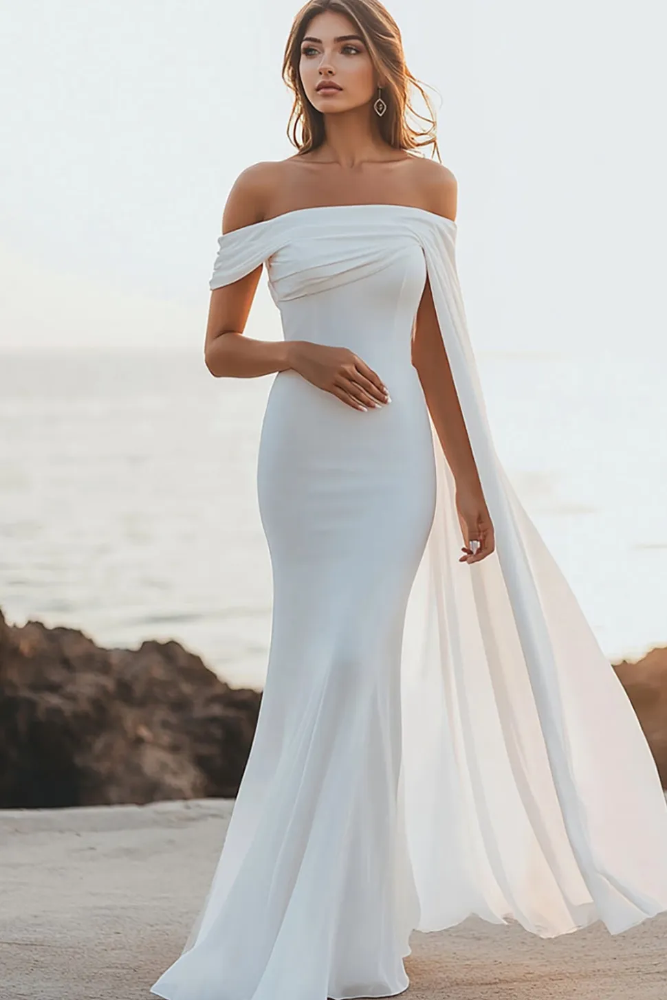 Vestidos de Noiva Branco Fora do Ombro Longo Sereia