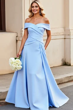 Vestidos de Noiva Cetim Azul Claro Longo Fora do Ombro Linha-A