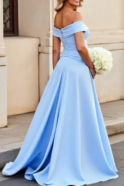 Vestidos de Noiva Cetim Azul Claro Longo Fora do Ombro Linha-A