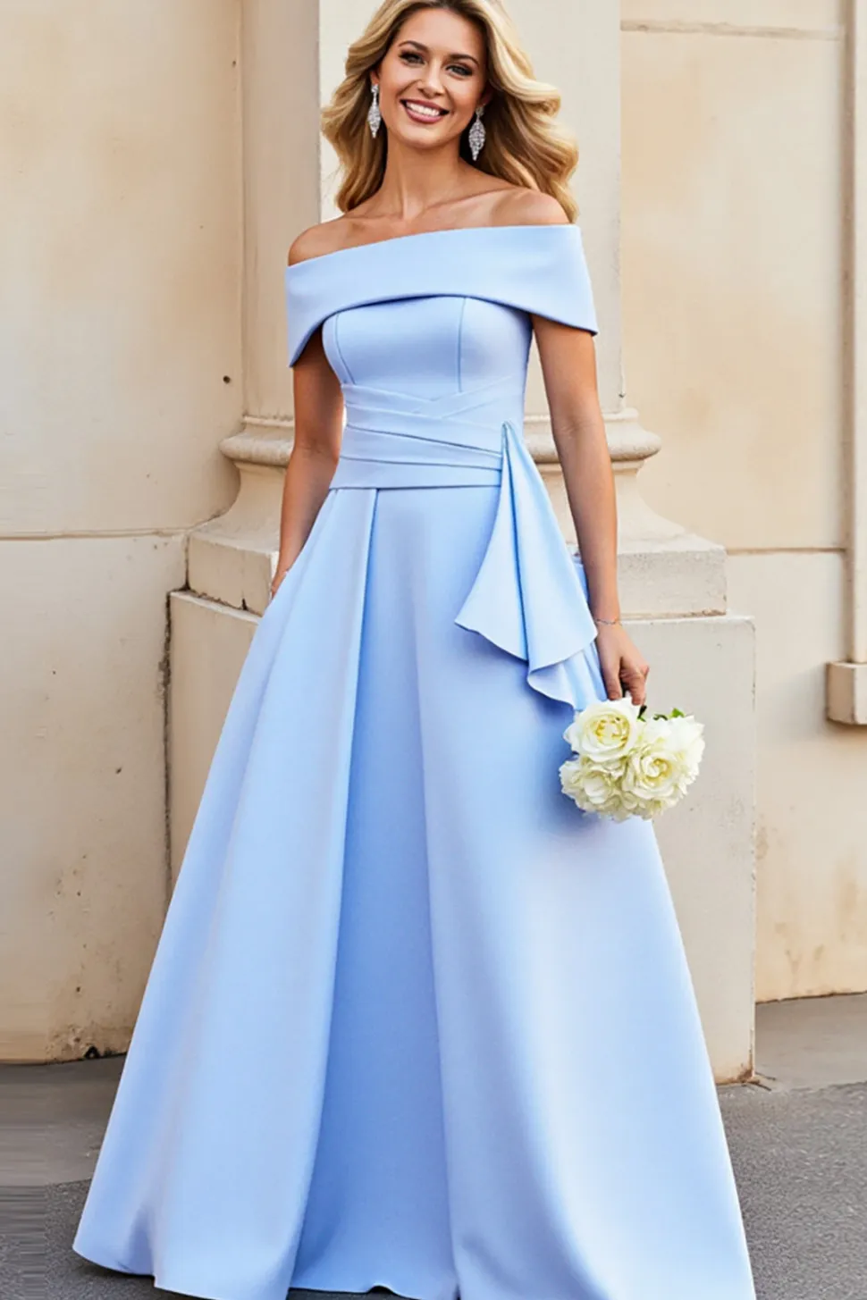 Vestidos de Noiva Cetim Azul Claro Longo Linha-A Fora do Ombro