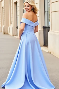 Vestidos de Noiva Cetim Azul Claro Longo Linha-A Fora do Ombro