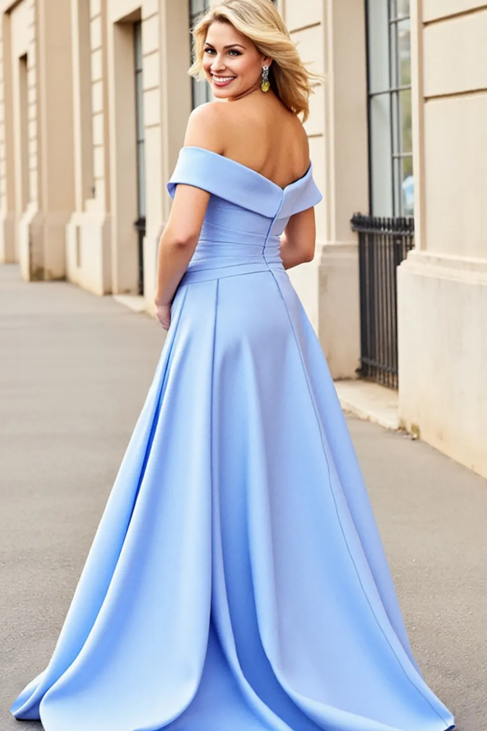 Vestidos de Noiva Cetim Azul Claro Longo Linha-A Fora do Ombro
