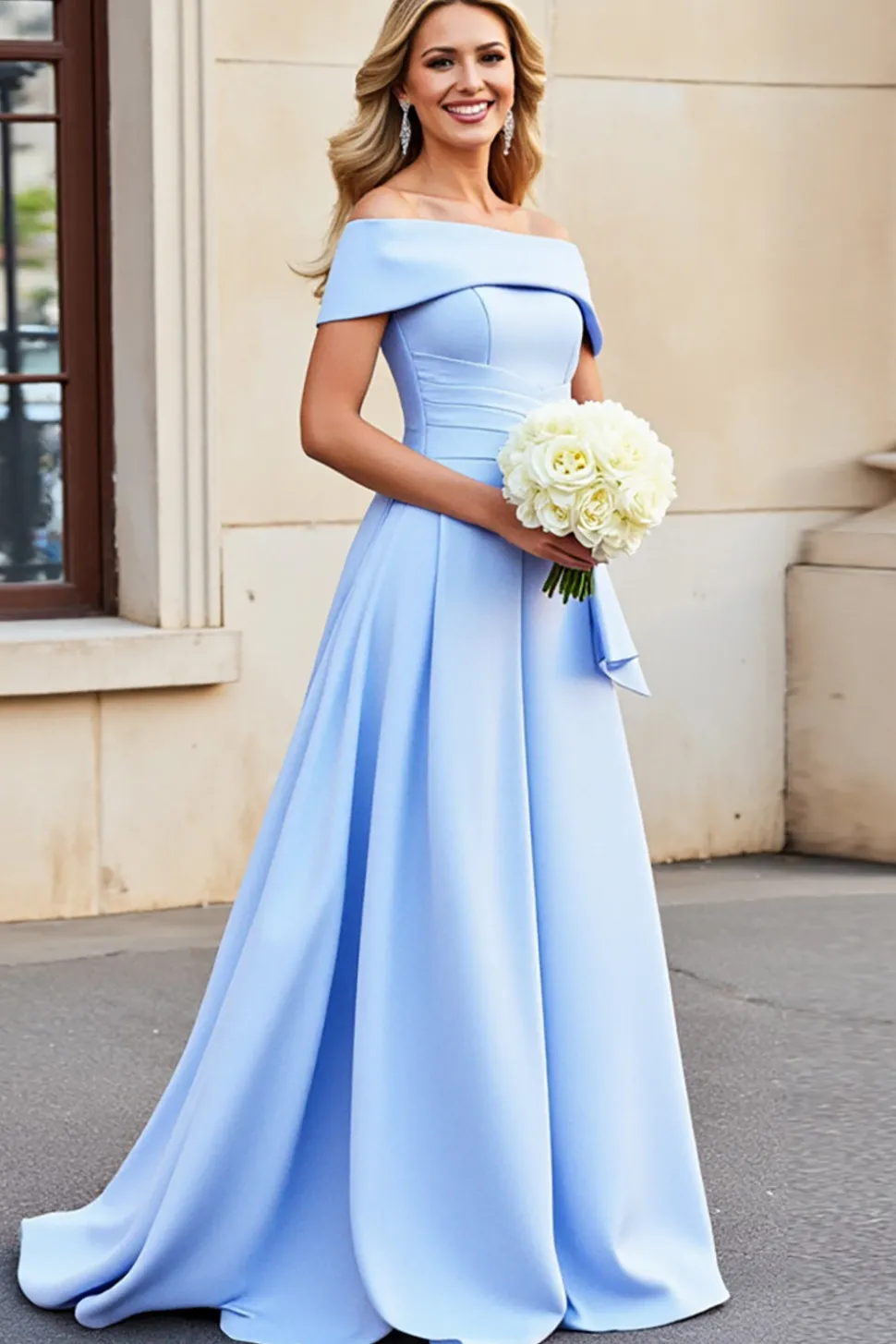 Vestidos de Noiva Cetim Azul Claro Longo Linha-A Fora do Ombro