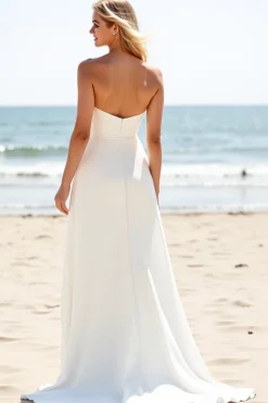 Vestidos de Noiva com Fenda Marfim Longo Sem Alças Linha-A